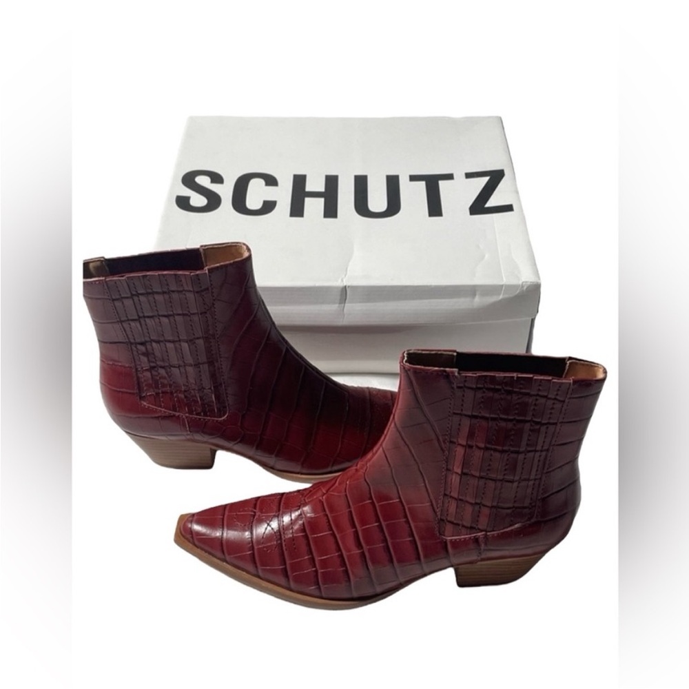 NEW in box Schutz Briani Crocodile Embossed Leather Red Brown Boot Womens 9.5